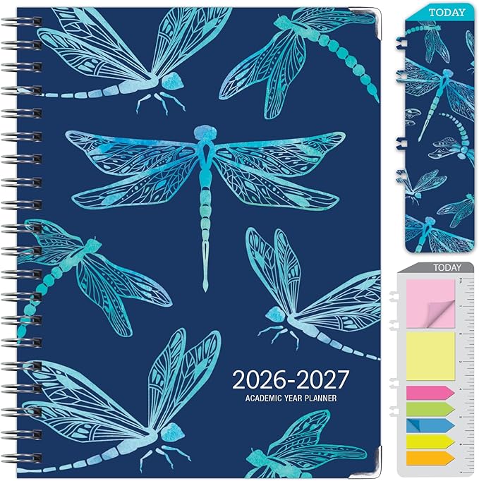 HARDCOVER Academic Year 2026-2027 Planner: 14 Months (May 2026 Through June 2027) 8.5"x 11" Daily Weekly Monthly Planner Yearly Agenda. Bookmark, Pocket Folder and Sticky Note Set (Dragonflies)