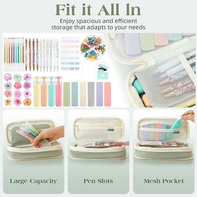 Eersida 58 Pcs Aesthetic Office Supplies Christmas Gifts with Large Pencil Pouch Ink Gel Pens Highlighters Sticky Notes Color Pens Stapler Stationary Set