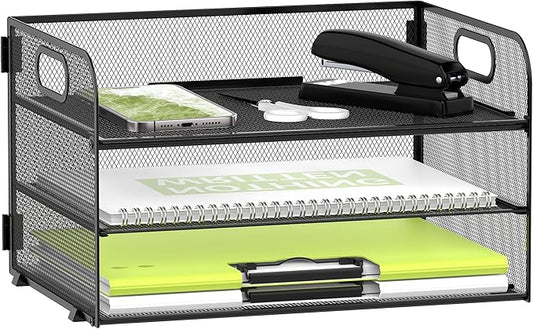 DALTACK 3 Tier Paper Organizer with Handle, Mesh Metal Desk Organizer with Sliding Paper Trays for Letter/A4 Paper, Mail, Bills & Folders, Black