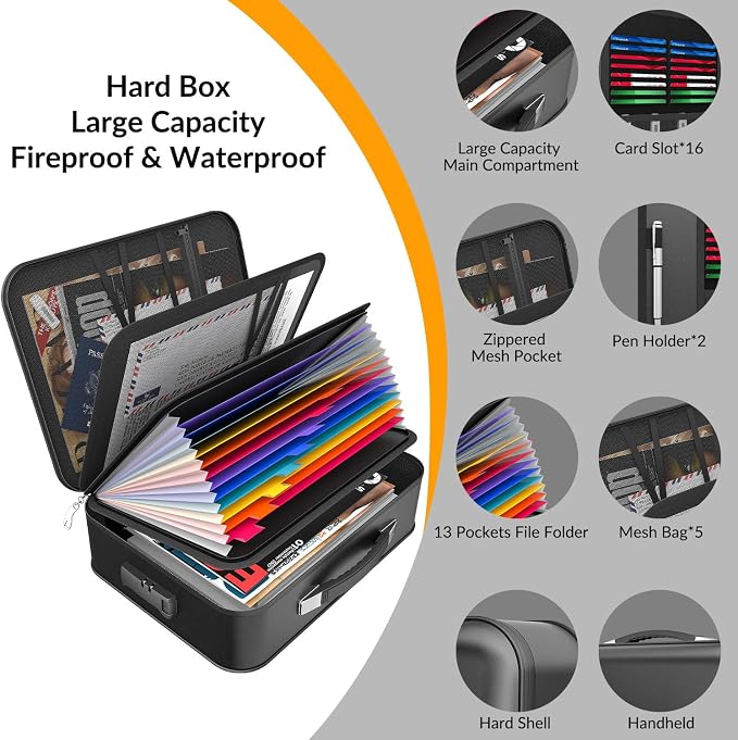 onvvippiv Hard Case Fireproof Document Box, Important File Organizer with Lock Waterproof Zipper, Portable Home Office Travel Storage Accordion Folder for Letter A4 Laptop Files