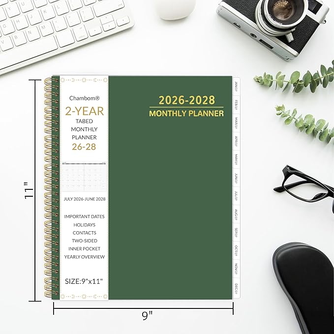 2026-2028 Monthly Planner 2 Year Monthly Planner/Calendar 2026-2028, 24 Months Calendar Planner Jul 2026 – Jun 2028, 9" x 11", Tabs, Double-Side Pocket, Holidays, Thick Paper - Dark Green