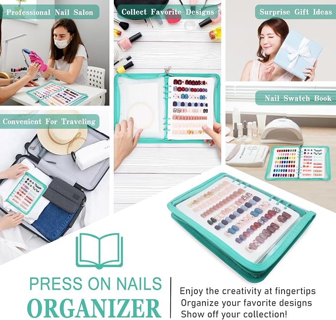 KEIFIN Press On Nail Storage Organizer Binder with 8 Insert Pages - A5 Size Reusable Fake Nail Swatch Collecting Book Polish Color Display Holder Container with Tape and Zipper Pocket (CYAN)