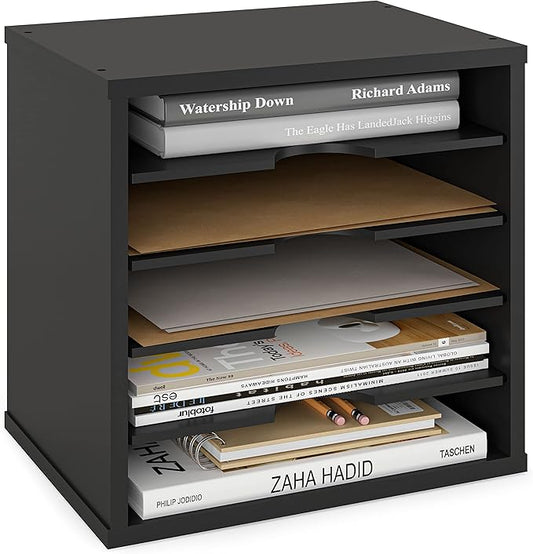 Ballucci 5-Tier File Organizer for Desk, Wooden Mail Sorter, Office Desk Organization, Paper Storage Organizers, Folder holder for desk, Letter Trays & Stacking Supports, Adjustable Shelves, Black