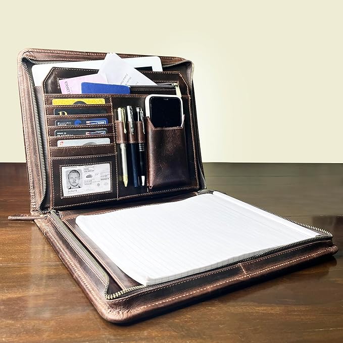 Supreme Business Portfolio by Rustic Town | Professional Organizer for Men & Women | Durable Leather Padfolio | Easy to Carry with A Zippered Closure | Many Slots, Compartments & Holders