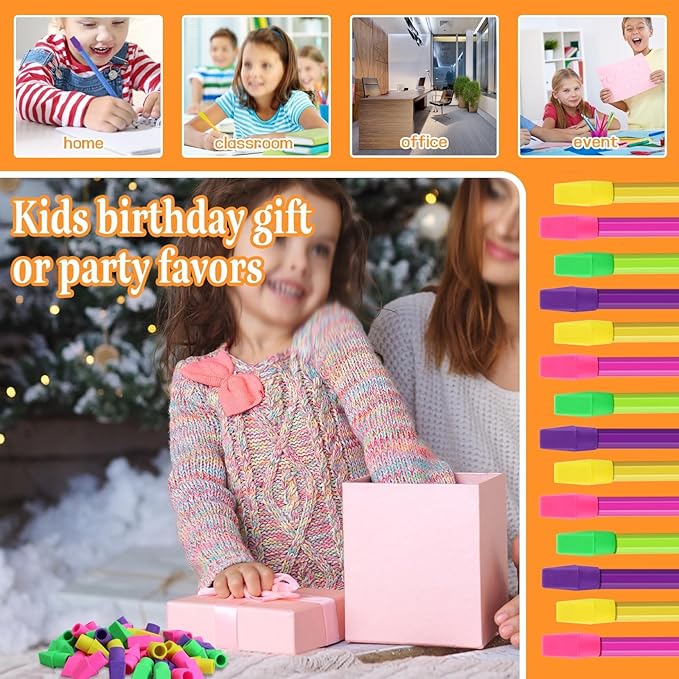 PRALB 200PCS Multicolor Pencil Top Eraser Bulk Caps for Pencils,Chisel Shape Erasers Toppers for Party Favors Games Prizes, Pencil Top Erasers Cap for Home School Classroom Office