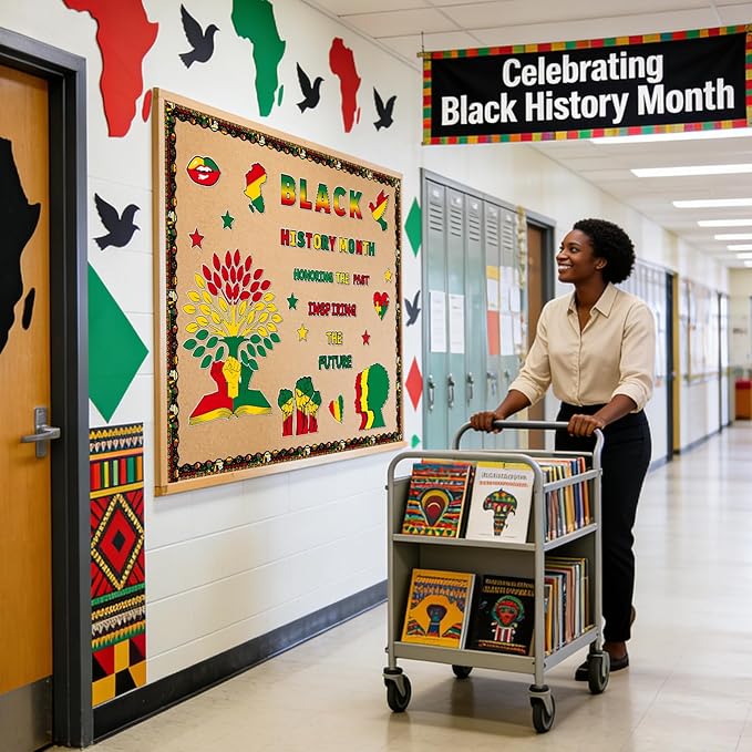 133PCS Black History Month Tree Bulletin Board Set Decorations African American Cutouts Borders with Glue Points for Wall Door Chalkboard Craft School Home Supplies
