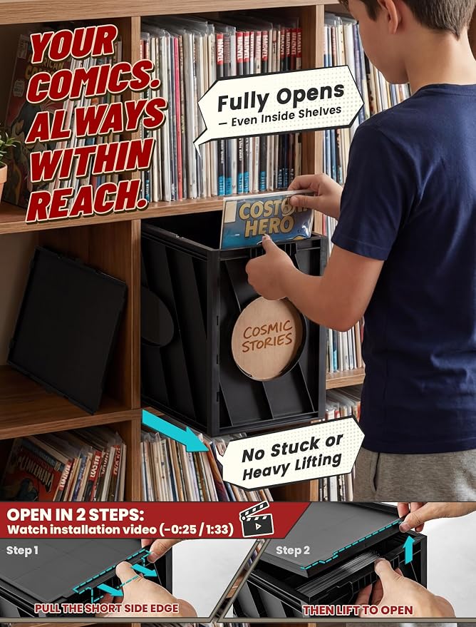 INMAKER Comic Book Storage Box, Holds Up to 150 Comics, Acid Free Plastic Book Bin with 2 Adjustable Dividers (Matte Black)