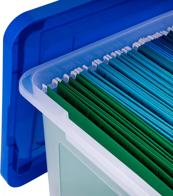 IRIS USA File Storage Box with Lid, Document Protection Box for Letter/Legal Files, Safety File Storage Container, Portable Stackable Filing Organizer, 35 Qt, 3 Pack, Clear/Blue