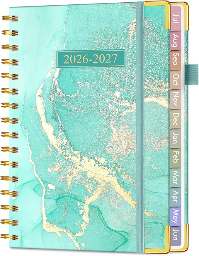 Academic Planner 2026-2027, Hardcover Weekly and Monthly Calendar Planner from July 2026 - June 2027, Daily Agenda Planners with Tabs, College School Organizer for Student Teacher, A5 (6.1" x 8.2"), Teal Marble