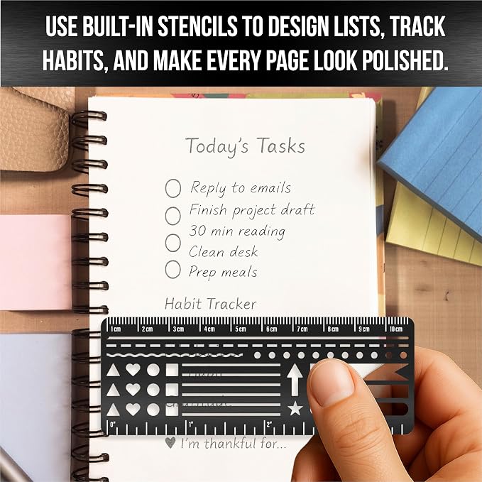 Stainless Steel Pocket Journaling Card – Bullet Point Stencils, Planner Stencils, Calendar Stencil & Habit Tracker – Unique Shapes Journal Ruler & Bookmark for A5 Planners & Journaling Supplies