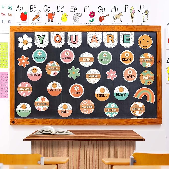 JarThenaAMCS Boho Affirmation Station Bulletin Board Set Retro Motivational Inspirational Paper Cutouts with Glue Points Positive Growth Mindset Decor for Back to School Students Classroom Home