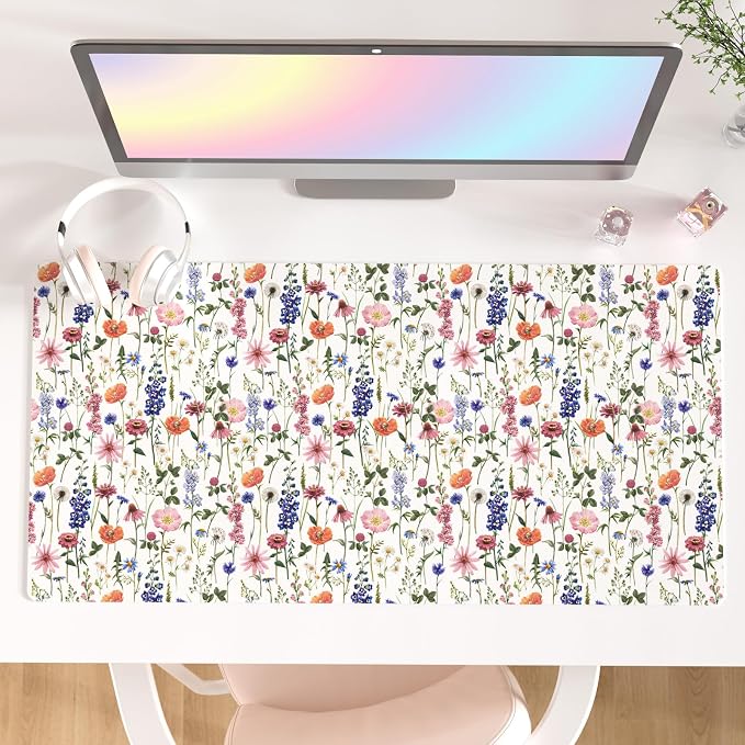 Colorful Star Large Mouse Pad, Watercolor Floral Desk Mat Office Supplies, Waterproof Faux Leather Big Gaming Mousepad for Women Girls, Flowers Desk Pad Home Office Décor Accessories 31.5" x 15.7"