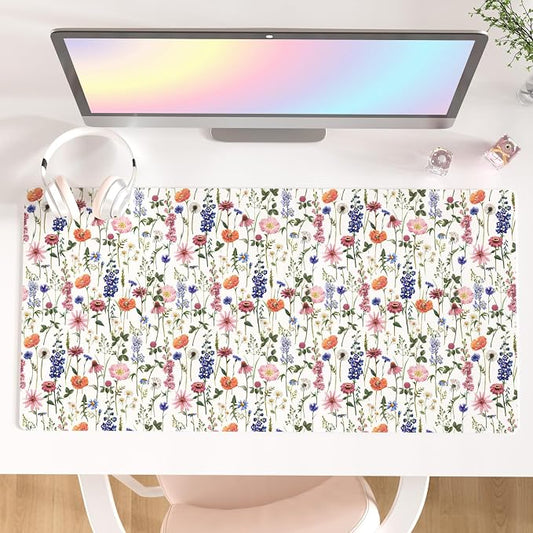 Colorful Star Large Mouse Pad, Watercolor Floral Desk Mat Office Supplies, Waterproof Faux Leather Big Gaming Mousepad for Women Girls, Flowers Desk Pad Home Office Décor Accessories 31.5" x 15.7"
