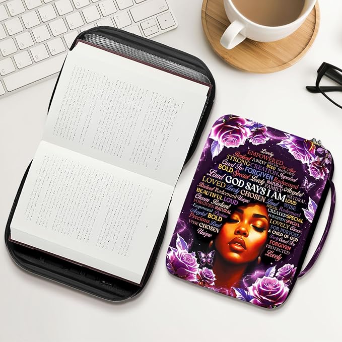 God Says I Am Bible Cover for Women, African American Design Bible Case with Handle and Zipper Pocket, Inspirational Scripture Canvas Bag for Church, Bible Study, Spiritual Christian Gift