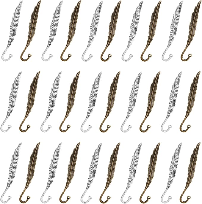 Framendino, 30 Pack Vintage Metal Feather Bookmarks Hairpin Hook Charms Pendant