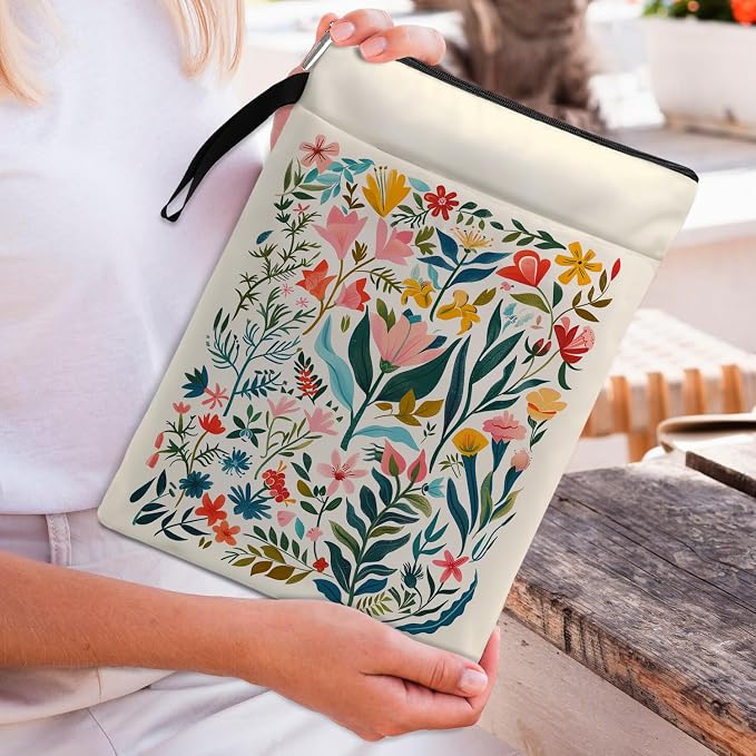 Flower Pattern Book Sleeve,Book Lovers Gifts Waterproof Book Cover for paperbacks with Zipper and Front Pocket Book Pouch for Women Teacher Birthday Graduation Christmas Gifts (Wildflower1603)