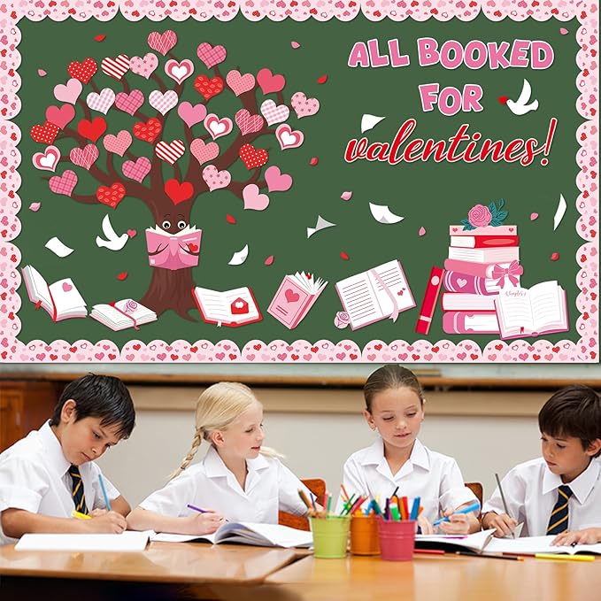 Valentine’s Day Bulletin Board Set Reading Bulletin Board Decorations All Booked for Valentines Classroom Decoration Pink Heart Books Tree Paper Cutouts for School Library Chalkboard Door Decor