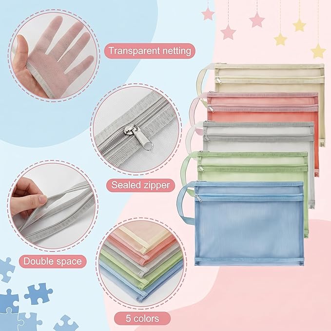 Goaste 10 Pack Mesh Zipper Pouch Bags, Double-Layer Nylon Mesh Bags with Handle, Portable Puzzle Building Block Sets Toy Storage Bags, Colored A4 Document Storage Organizer for School Office Games