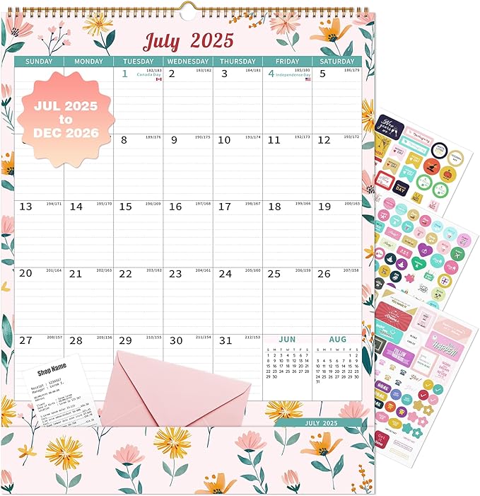 Ospelelf Wall Calendar 2025-2026 Monthly Large Pad Planner with Storage Pocket Protective Cover and Sticker for Family Fridge Office Teacher Student 17" X 22" Ditsy Floral