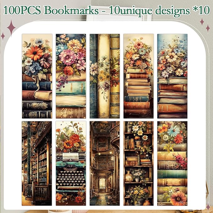 Wxiben Vintage Book Bookmarks Gifts - 100 Pcs Retro Flower Paper Bookmarks Book Marks Page Marker Clip Gift for Women Men Books Lovers Office Teachers Reading Bookish Party Favor Supplies