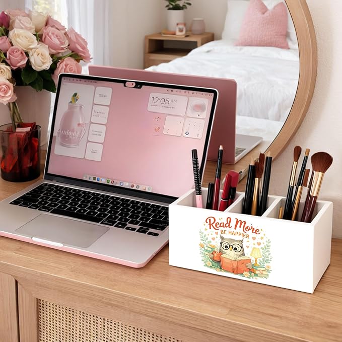 Reading Desk Organizer Wooden Pen Pencil Holder for Desk, 3 Compartments Office Accessories, Read More Be Happier Owl Decor, Book Lover Gifts for Women Teachers Home Office Storage