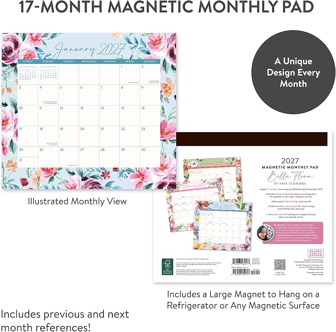 Orange Circle Studio 2027 Bella Flora Magnetic Monthly Calendar Pad, 17-Month Floral Calendar for Office Desk & Refrigerator, Wall Planner, 9.6" x 8.5", Tear-Off Pages, Thick Matte Paper Family Organizer