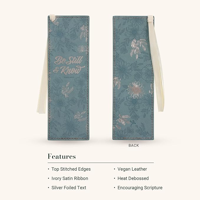 Christian Art Gifts Floral Scripture Bookmark for Women: Be Still & Know Encouraging Silver Bible Verse, Sturdy Faux Leather Heat-Debossed Design, Cream Satin Ribbon Markers for Reading, Marking Pages