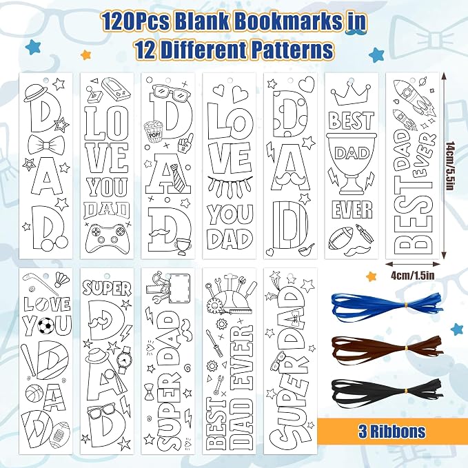 ANGOLIO Father's Day Color Your Own Bookmarks for Kids, 123Pcs DIY Father's Day Crafts for Classroom School Students, Coloring Dad Bulk Blank Bookmarks Set with Ribbons for Home Holiday Party Favor