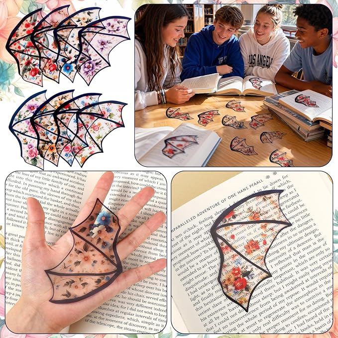Fuyoooo 48pcs Clear Gothic Bookmark Floral Flower Patterned Bat Dragon Bookmarks Goth Gothic Dark Academia PVC Vintage Flower Book Markers Halloween Book Lover Reader Gift