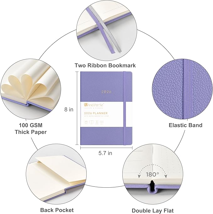 And Per Se 2026 Planner-Daily, Weekly & Monthly Leather Hardcover Planner, 5.7" x 8", Daily Schedule, 100 GSM Thick Paper, Back Pocket(Lavender)