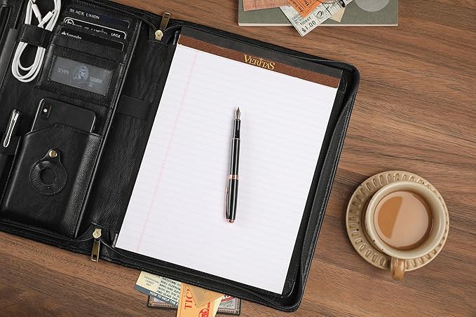 Leather Portfolio for 13-in iPad Pro M4/M5 & 13-in iPad Air M2/M3, Leather Padtfolio with ipad Holder for Letter Size Notepad, Personalized Padfolio for Men - Oil Black