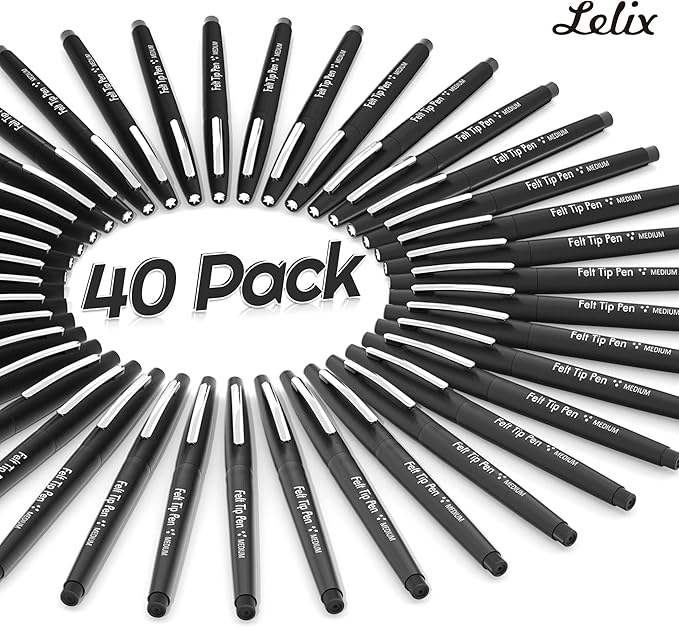 Lelix Felt Tip Pens, 40 Black Pack, 0.7mm Medium Point, Felt Tip Markers Pens for Journaling, Writing, Note Taking, Planner, Perfect for School Office and Art Supplies