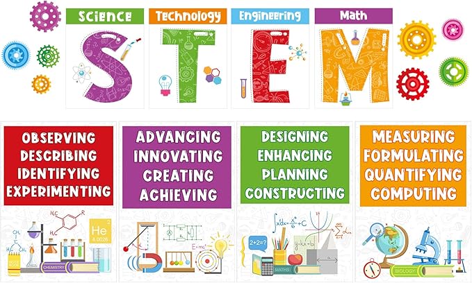 Zonon 40 Pcs Stem Science Bulletin Board Set Stem Classroom Decorations Scientist Posters Gear Shaped Cutouts Teachers Banner Wall Decor for Pre School Elementary Middle School Office Party Supplies