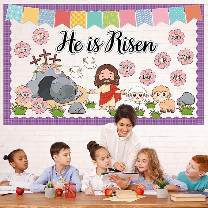 Easter Bulletin Board Set He is Risen Spring Easter Classroom Decorations Christian Jesus Cross Cutouts Flower Name Tags Purple Plaid Bulletin Board Borders for Church Sunday School Wall Door Decor