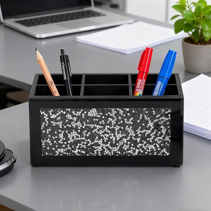 SHYFOY Glass Remote Control Holder with 6 Compartments TV Remote Caddy Storage Box,Desktop Organizer Store Controller,Glasses,Brush,Media Player,Pen,Space Saver for Bedside Table/Office Desk(Black)