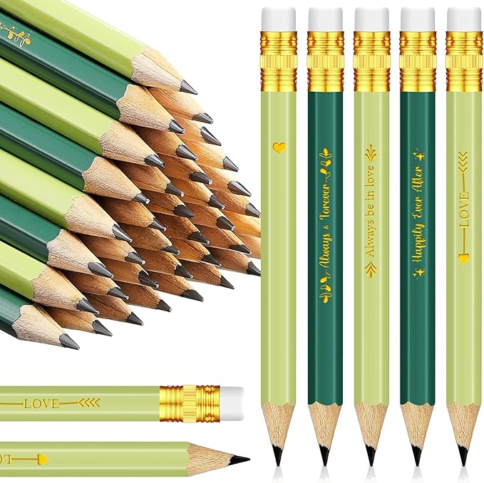 Crtiin 50 Pcs Bridal Shower Pencils Half Golf Wedding Pencils with Eraser 4 Inch Short Pocket Pre Sharpened for Wedding Game Bridal Shower Presents Classroom School(Light/Dark Green)