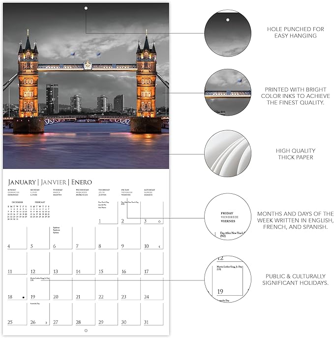 Graphique 2026 London Glitz Wall Calendar | 12” x 12” | Thick Paper | Home & Office Organizer | Large Monthly Grid | 3 Languages & Marked Holidays | 4 Month Preview Page for 2027