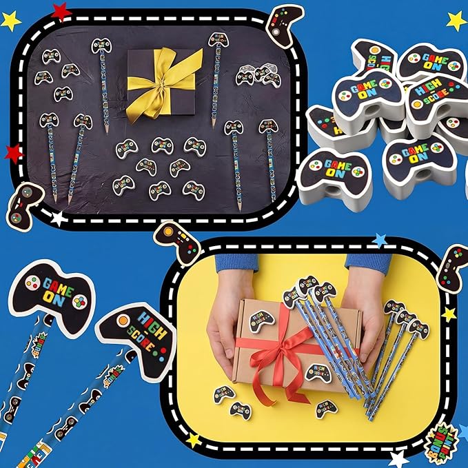 32 Pcs Video Game Themed Pencil with Eraser Video Game Party Favors Gaming Controller Stationery Supplies for School Classroom Exchange Gift Reward Prizes Adventure Vbs Party Supplies