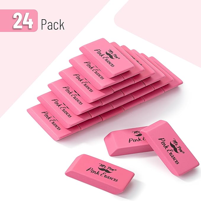 Mr. Pen- Pink Pencil Eraser Bulk, 24 Pack, Large Latex Free Block Erasers for School, Office, Art Sketching, Homework, Exams, Clean Smudge-Free Correction