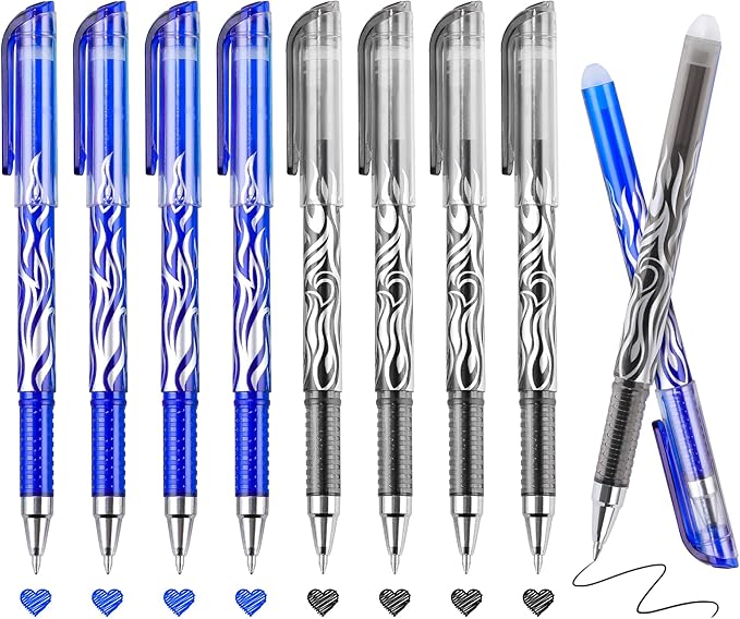 RIANCY 8 Pack 4 Black 4 Blue Ink Erasable Gel Pens, 0.5mm Fine Point, Flame Patterned Barrel, Comfortable Grip, with Eraser, Ideal for Journaling, School Work, Office Tasks, Note Taking, DIY Projects