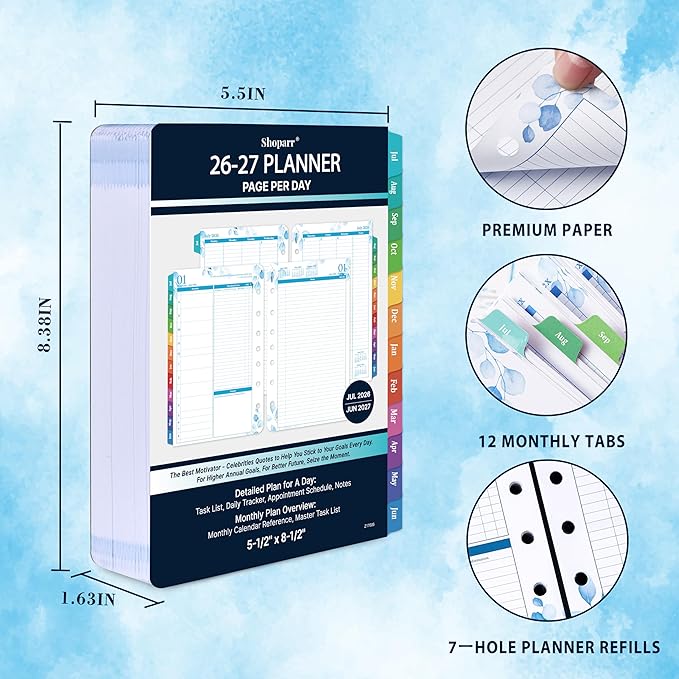 Planner Refills 2026-2027 - Jul.2026 - Jun. 2027 Planner, Two Pages Per Day Daily ＆ Monthly Planner, 5.5" x 8.4", Ring-Bound Organizer, Daily Tracker & Schedule, Colorful Tabs
