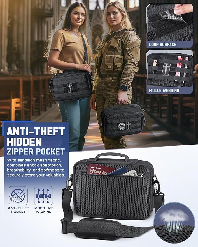 RXW Large Bible Cover Bag for Men Women, Tactical Bible Carrying Case Fully Padded of Double Layer Design, Utility Church Bag Organizer with Shoulder Strap for Tablet Art EDC, Christian Gifts for Mom