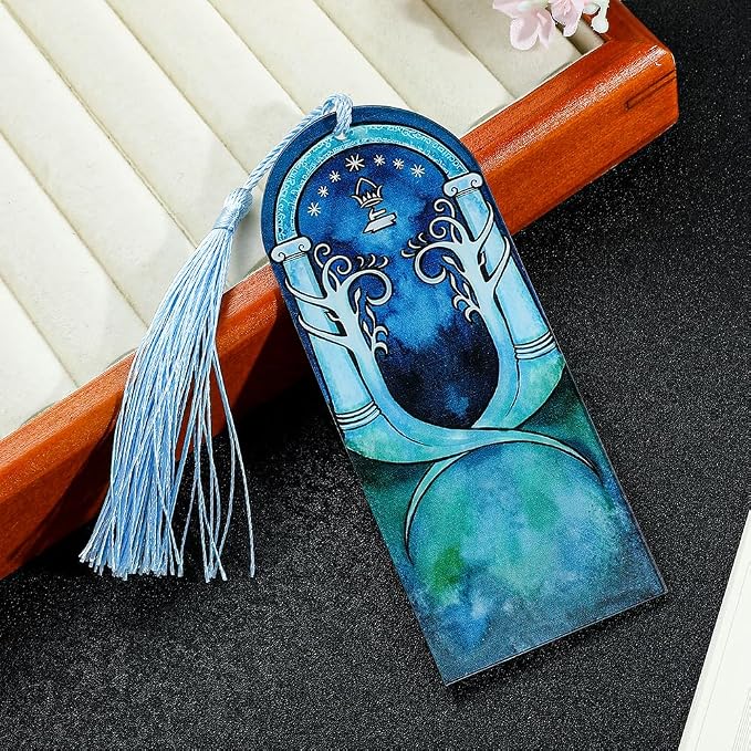 Fantasy Metal Bookmarks with Elvish Leaf, Sword Charm & Evenstar Engraving, Epic Quotes Carved Jewelry for Book Lovers, Dark Academia Gifts for Readers (Acrylic-Blue)