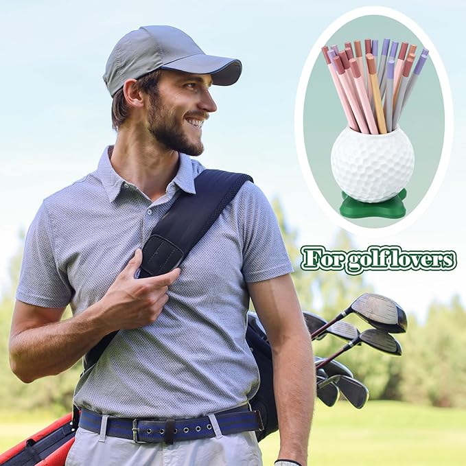 Tenceur Golf Ball Pen Holder for Desk Golf Gifts for Men Dad Father Husband Funny Mini Resin Desktop Accessories with Green Base for Golfer Lover