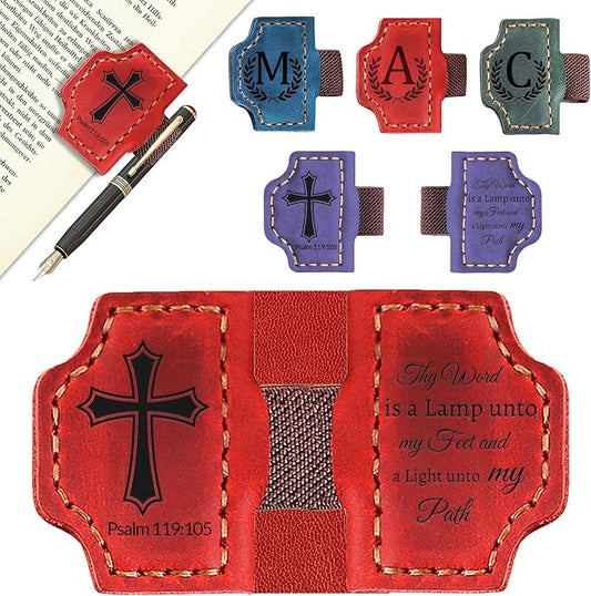 Custom Magnetic Bookmarks with Pen Holder, Personalized 26 Letters Name Initial Leather Bookmark, Leather Book Mark for Men Women Teachers, Readers Book Lovers Gifts (Red, Psalm)
