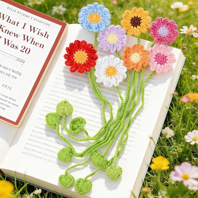 Yuboo 8 Pack Crochet Flower Bookmarks for Women, Daisy Flower Handmade Personalized Cute Funny Girly Birthday Book Marks for Reading, Gifts for Book Lovers Girls Teachers
