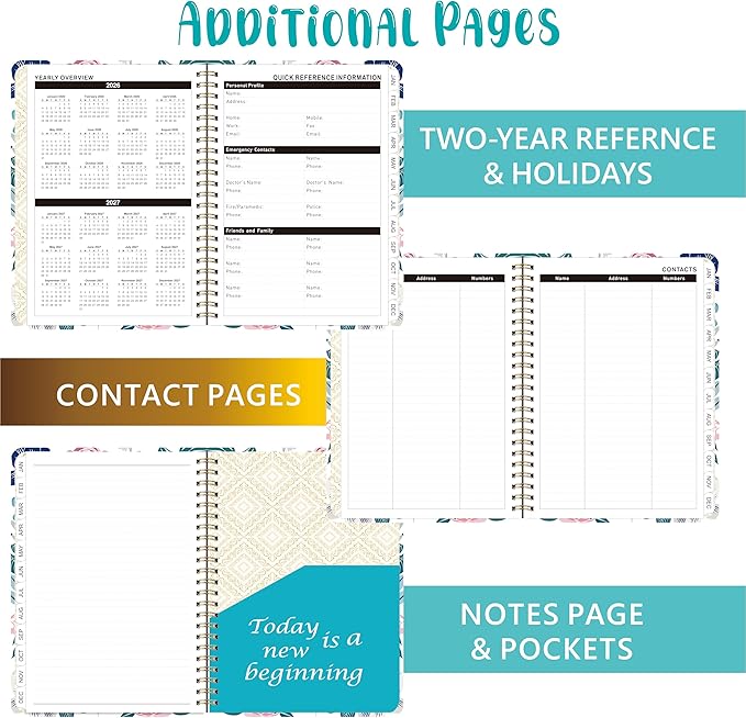2026 Weekly and Monthly Planner, Medium 6.2 x 8.5 Inch, Hardcover with Floral Design, Jan-Dec Calendar, Spiral-Bound with Monthly Tabs, 100 GSM Paper (yellow flower) (rose pink flower)