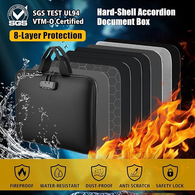 Fireproof Document Box with Combination Lock, Hard-Shell Fireproof File Organizer for Legal Documents, Laptop, Valuables & Important Papers, 13-Pocket Accordion File Folder