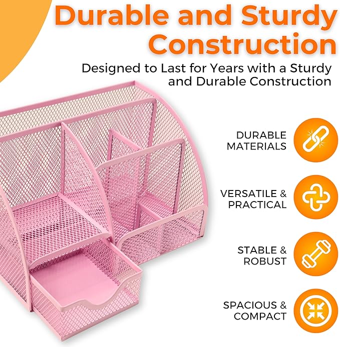 Mesh Desk Organizer - Office Accessories with Sticky Notes, 6 Compartments, Drawer & Pen Holder for Home, School