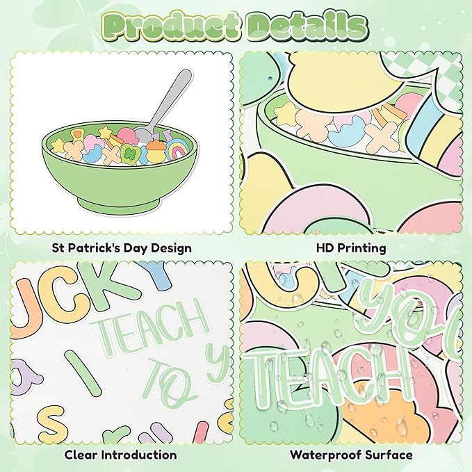 St. Patrick's Day Bulletin Board - 137pcs Cereal-sly Lucky Charms Cutout with Banner Decor Set, Shamrock Rainbow Clover Chalkboard Classroom Wall Accents Ideas Kits for Irish Day Party Supplies